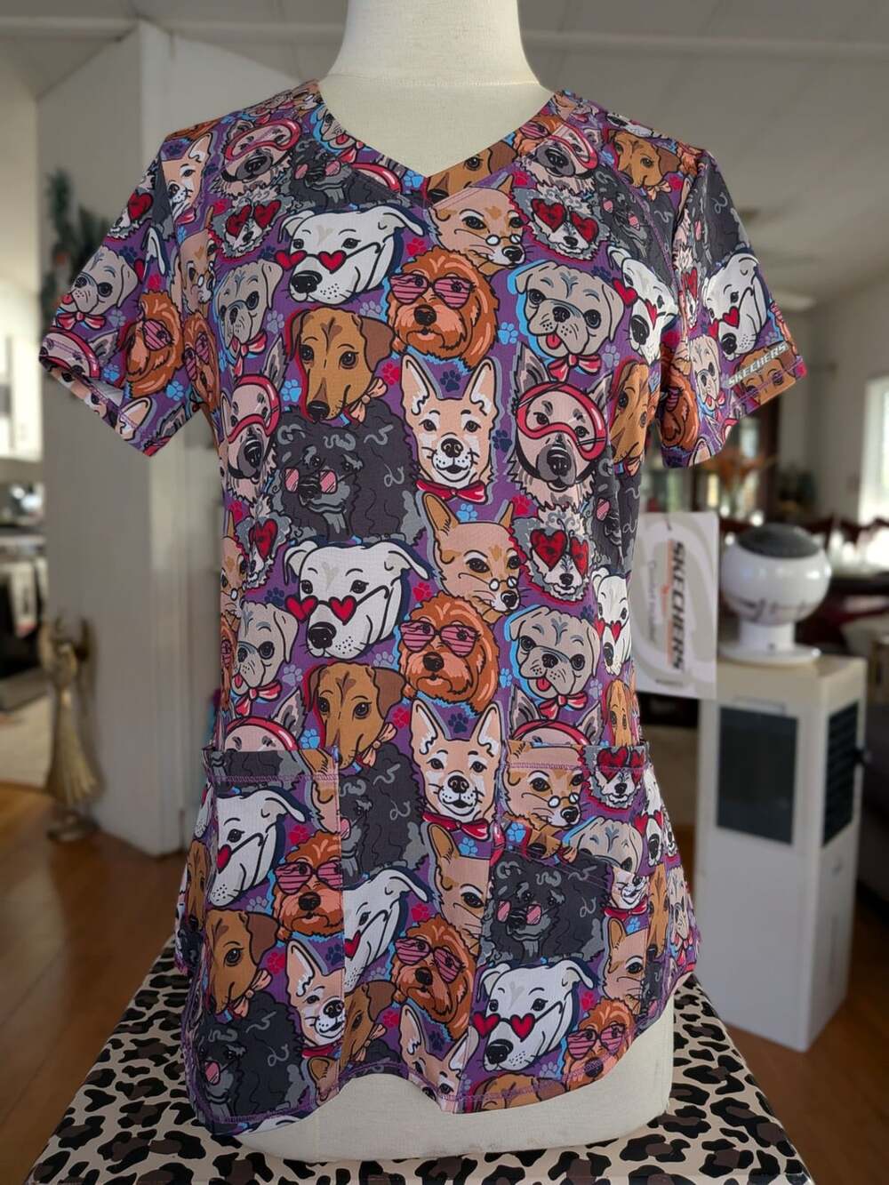 Skechers BOBS Women's Puppy Dog Print V-Neck Scrub Top